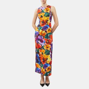 European fashion brand silk Watercolor rose print tight fitting crew neck sleeveless midi dress