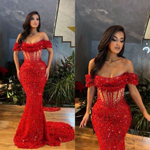 Fashion Mermaid Evening Dresses Off Shoulder Sequins Prom Gowns Illusion Short Sleeve Custom Made Formal Party Dresses