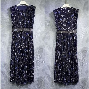 Nova chegada high-end azul escuro midi vestidos elegantes mulheres cinto vestidos plissados estilo vintage fz0108