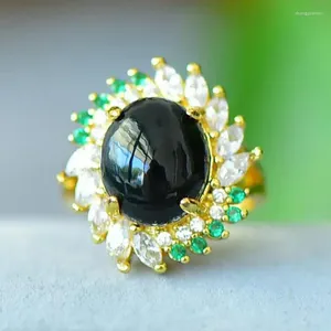 Klusterringar svart jade ring med zirkon smaragd äkta kinesiska nephrite hetian jades naturliga stenband kvinnor fin smycken tillbehör