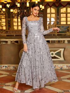 Casual Dresses Missord Elegant Grey Sequin Tutu Prom Dress Women Square Collar Long Sleeve A-line Ankle-Length Party Cocktail Ball Gown