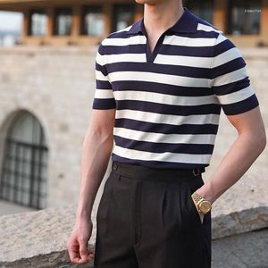 Polos masculinos moda tendência listrado camisa polo homens manga curta escritório de negócios lapela verão respirável itália playera hombre