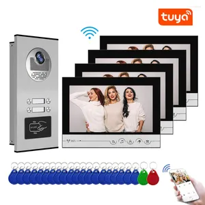 Video-Türtelefone Tuya WiFi-Türklingel 9-Zoll-Telefon-Intercom-System RFID-Zugangskamera für 2/3 4 Familienwohnung