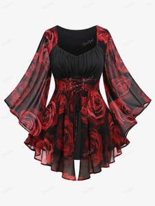 Damen T-Shirts ROSEGAL Plus Size Lace Up Floral Chiffon T-Shirt 2024 Deep Red Sweetheart Neck Butterfly Sleeve Bluse Tops