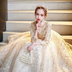 Girl Dresses Elegant Princess Golden Lace Dress Kids Flower For Girls Vintage Children Christmas Party Long Ball Gown