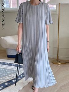 Party Dresses SHENGPALAE Korean Chic 2024 Summer Elegant Round Neck Pleated Design Loose Thin Casual Short Sleeve Solid 5Q242