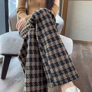 Pantaloni da donna in lana a gamba larga per le donne in autunno inverno a vita alta tasche dritte casual scozzesi color caffè allentato