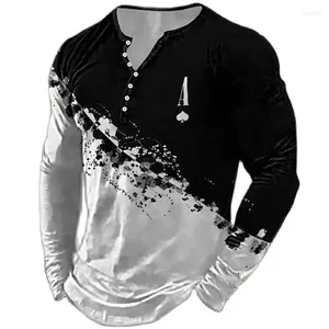 Men's T Shirts Spring Vintage Henley Ace King Color Block 3D Print Fashion Long Sleeve Button-Down Shirt Tees Tops Man Clothing