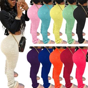 S-4XL Kvinnor Elastiska staplade byxor Leggings Hög midja Flare Bell Bottom Ruched Stackbyxor Drapade joggare byxor Sweatpants 240124