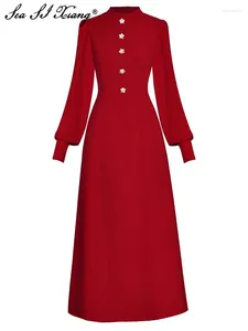 Sukienki zwyczajne Seasixiang Projektant mody Autumn Red Sukienka Stand Stand Lantern Sleeve Kryształowy przycisk Midi