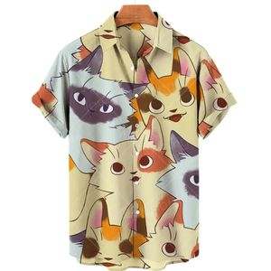 Homens camisetas Gato Imprimir T-shirt Verão 2022 Algodão Macio Roupas 3D Homens / Mulheres V-Pescoço Moda Botões Personalidade Tops Camisas de lapela havaiana