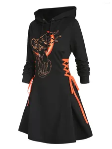 Lässige Kleider Dressfo Damen Gothic-Kleid mit Kapuze, leicht dehnbar, Sweatshirt, Katzenhut, Monddruck, Krawatte, langärmelig, A-Linie, Mini