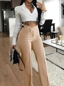 Women's Pants Elegant Single Button Flared Suit Women 2024 Autumn Solid Loose Female Wide Leg Pant Office Lady Chic Hip Package Trousers