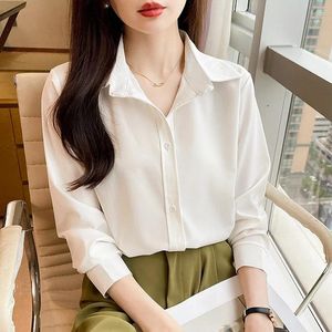 Women's Blouses 2024 Autumn Women Shirt Long Sleeve Office Lady Blouse Turn-down Collar Button Clothing Chiffon White Womens Tops