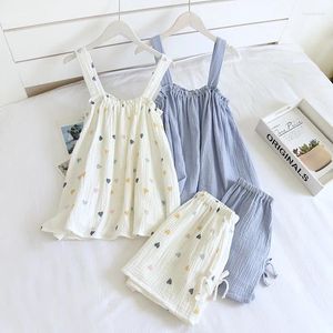Women's Sleepwear 2024 Summer Style Ladies Pajamas Two-piece Cotton Crepe Suspender Shorts Vest Suit Sweet And Loose Home Service Sexy Pjs