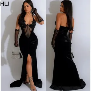 Abiti casual HLJ Sexy Halter Mesh Corsetto Strass Party Dress Donna Scollo a V Senza maniche Backlee Slim Abiti Moda Manica Guanto