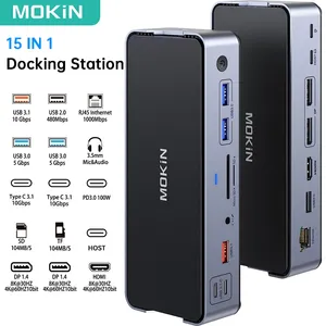 Mokin 15 i 1 USB C Docking Station 8K 30Hz HDMI Ports 3 Monitorer 3,1 100W PD SDTF Dock för bärbara datorer MacBook Lenovo PC