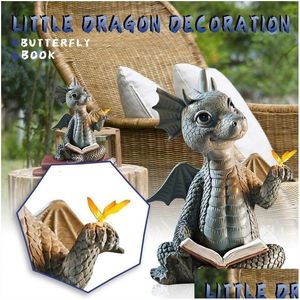 Decorative Objects Figurines Cute Little Dragon Dinosaur Meditation Reading Book Scpture Figure Garden Home Decoration Resin Ornam Dhvr5