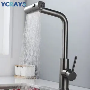 Küchenarmaturen YCRAYS Schwarz Grau Ausziehbare Rotation Wasserfall Stream Sprühkopf Waschbeckenmischer Gebürstetes Nickel Wasserhahnzubehör