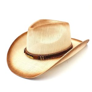 Fashion Women Men Straw Western Cowboy Hat With Leaves Band For Lady Dad Handmade Weave Hombre Cowgirl Jazz Caps Size 58CM 240130