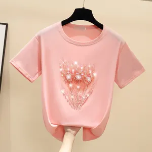 T-shirt da donna Gkfnmt Top estivi Camicia a maniche corte Donna T-shirt con perline Donna coreana in cotone rosa Maglietta Donna Abbigliamento Tee Femme