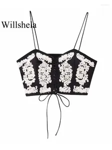 Women's Tanks Willshela Women Fashion Embroidery Lace Up Bandage Camisole Vintage Thin Straps Heater Neck Female Chic Lady Tops