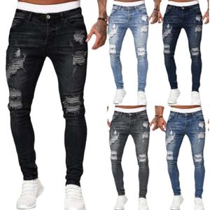 „Stylische Hole Blue Skinny Jeans für Herren: Reißverschluss, atmungsaktiver Stoff, bequeme Passform – perfekt für modebewusste Männer!“