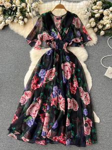 Casual Dresses SingReiny 2024 Print Chiffon Dress Summer V Neck Elastic Mante Long Temperament Futterfly Sleeve Fashion Floral Beach
