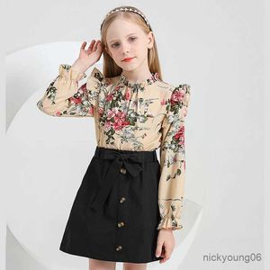 Girl's Dresses Kids Casual Clothing Sets Outfits for Girls Spring Autumn 2023 New Child Long Sleeve Floral Print Tops Black Belt Skirts Sets