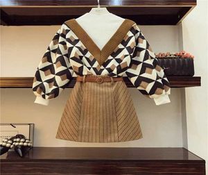 Zawfl Autumn Winter Korean Ol 2 Piece Vintage Pullover V Collar Sweater Top a Line Plaid Midi Skirt Twopiece Set 2111062708976