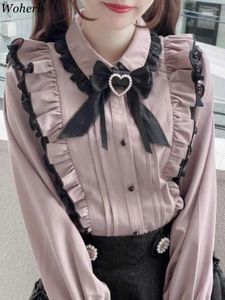 Damenblusen Woherb Spitze Schleife Rosa Bluse Frauen Y2k Japanische Kawaii Mode Rüschenhemd Harajuku Niedliche Damen Tops 2024 Lolita Blusas