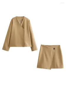 ワークドレスシックなソリッドカラースキューカラースカートスーツ女性2024秋の春の長袖ウールのようなコートスリムショートドレス女性2ピース