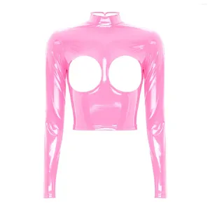 Women's Tanks Womens Glossy Patent Leather Top Mock Neck Long Sleeve Hollowing Open Breast Back Zipper Sexy Bodycon For Nightclub Party