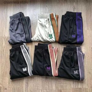 Calças masculinas agulhas sweatpants homens mulheres cor listrada webbing bordado borboleta awge calças calças t240202