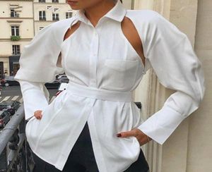 Women Button Down White Shirts High Street Long Sleeve Turn Collar Blouses Lady Backless Laceup Hollow Plain Women039s 9275954
