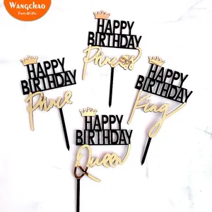 Cake Tools Gold Crown Queen King Princess Prince Black Acrylic Happy Birthday Topper Child Adult Favors Party Supplies Decoration