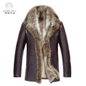 Mens Fur Integrated Jacket Winter Leather Medium Length Plush and Thickened DJOB