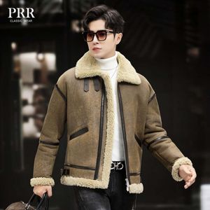 Winter Original Ecological Leather and Fur Integrated Mens Genuine Coat B3 Flying Suit Flip Collar Short Jacket Thickened RS8N