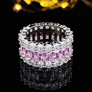 Cluster Rings 2024 Trendy Pink Color Round Silver Aesthetic Eternity Band Ring For Women Anniversary Gift Jewelry Wholesale R6156