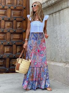 Kjolar boho långtryckt kjol kvinnor sommar hög midja blommig kvinnlig vintage casual lös strand semester maxi a-line 2024