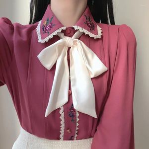 Women's Blouses Cute Bowknot Tie Ribbon Shirt Embroidered Flowers Preppy Style Vintage Design Button Elegant Formal Shirts