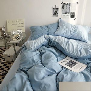 Bedding Sets Solid Blue Duvet Er Set Flat Sheet With Pillowcases Twin Fl Size Boys Girls Bed Linen Grey Green Kit 230511 Drop Delive Dhtiv