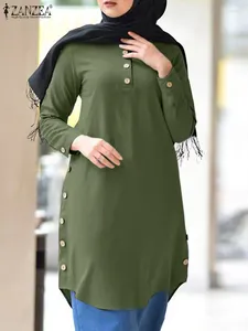 Etniska kläder zanzea vintage muslimsk blus solid full ärm toppar islamisk elegant semester kemise dubai kalkon abaya skjorta blusa