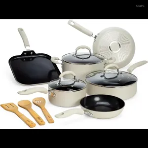 Cookware Sets Goodful Premium Nonstick Pots And Pans Set Diamond Reinforced Non-Stick Coating Without PFOA Dishwasher Safe 12-Piece Cream