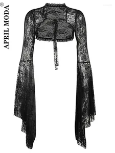 Jaquetas femininas Mulheres Black Lace Shrug Bolero Curto Flare Manga Cortada Jaqueta para Casamento Noite Prom Trajes Góticos Tops Estéticos