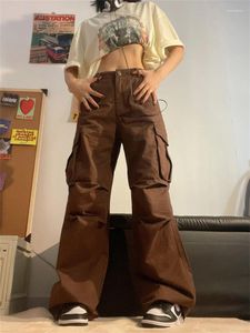 Kadın Pantolon Qweek Y2K Vintage Kahverengi Kargo Kadınlar 90S Street Giyim Retro Beyaz Paraşüt Pantolonları Büyük Boy Harajuku Egirl Geniş Pantalon