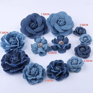 Decorative Flowers 5pcs/lot Blue Denim Fabric DIY Hair Accessories Supplies Clothes Hats Dress Decoration Flower Handmade Headdress Craft