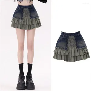 Skirts Summer Denim Skirt Women 2024 Trend Splicing Strap High Waist Mini American Street Retro Sweet Ruffled A Line