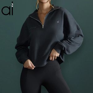 Al Yoga Kadın Sweahir 1/4 Zip Hızlı Külot Gevşek Hight-Neck İnce Nefes Alabilir Hafif Yumuşak Fransız Terry Stranty Cuffs Jacke Spor Sokağı Sokak Spor
