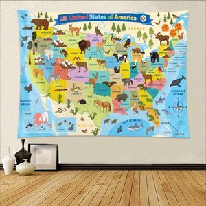 Tapisseries USA MAP Tapestry Cartoon America USA State Distribution Färgglad utbildningsvägg hängande för barn sovrum